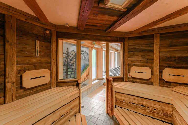 Holzsauna mit Panoramafenster und Bergblick im Wellnessbereich des Sagritzerwirt in Großkirchheim